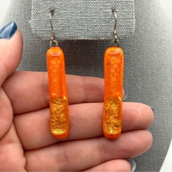 Sterling Silver 925 Hook Orange Resin Dangle Earrings with Gold Tone Flakes - Picture 2 of 8
